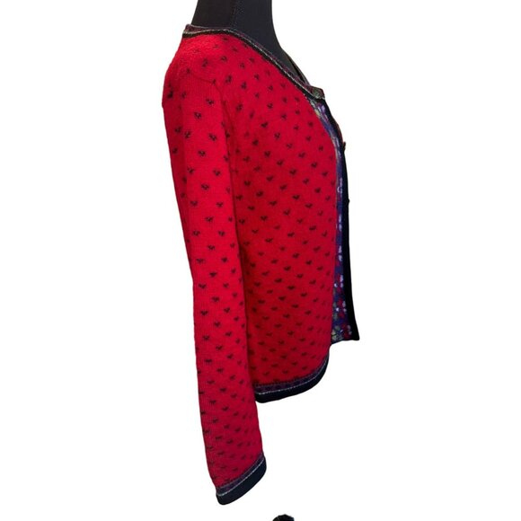 Vintage Tally 100% Boiled Wool Button Cardigan Sweater Red Floral Grandmacore - Picture 3 of 12